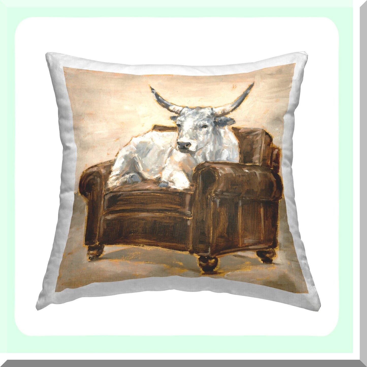 Bull Resting Pillow - Longhorn White Bull Design by Ethan Harper - 18 x 18 - Brown Chair Inspired - Decorative Throw Cushion - Home Accent