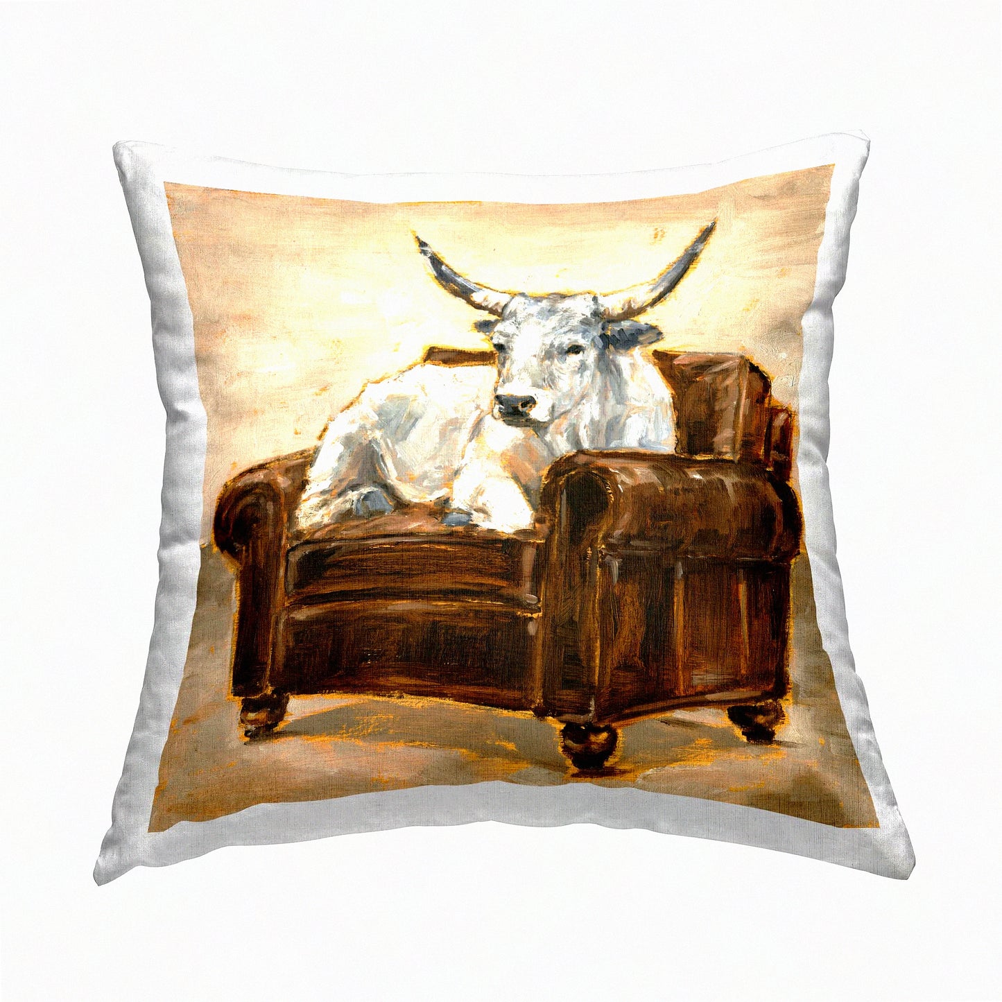 Bull Resting Pillow - Longhorn White Bull Design by Ethan Harper - 18 x 18 - Brown Chair Inspired - Decorative Throw Cushion - Home Accent