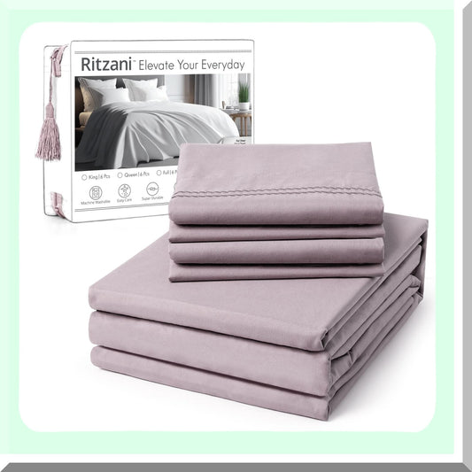 UltraSoft Queen Size Deep Pocket 6-Piece Luxury Sheet Set - Fade Resistant Thistle Purple Embroidered Bedding - Machine Washable & Shrinkage Proof