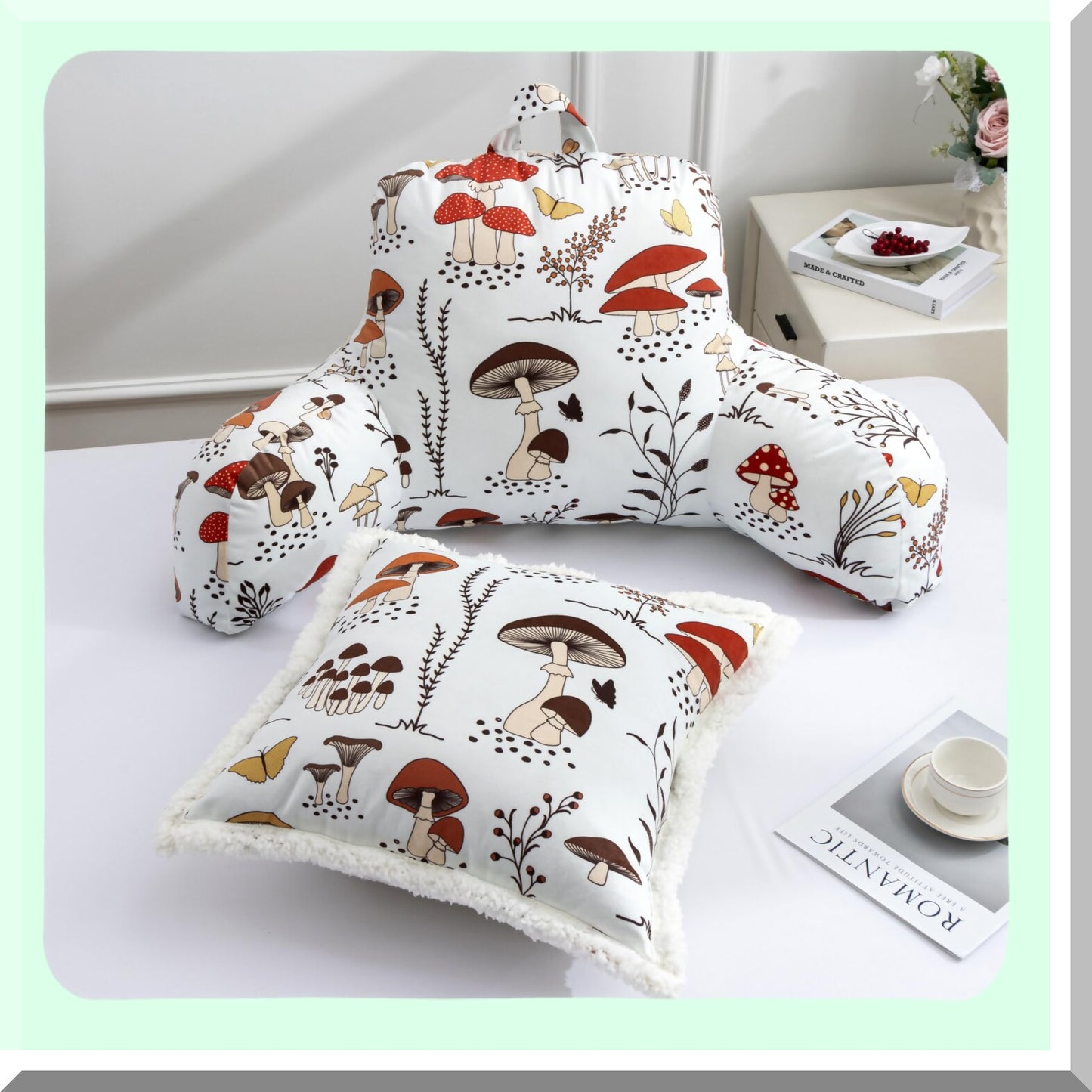 Cozy Kids Mushroom Backrest Pillow - Comfy Reading & TV Watching Support for Bed or Couch, Includes Matching Cushion Cover - Lounge in Style!