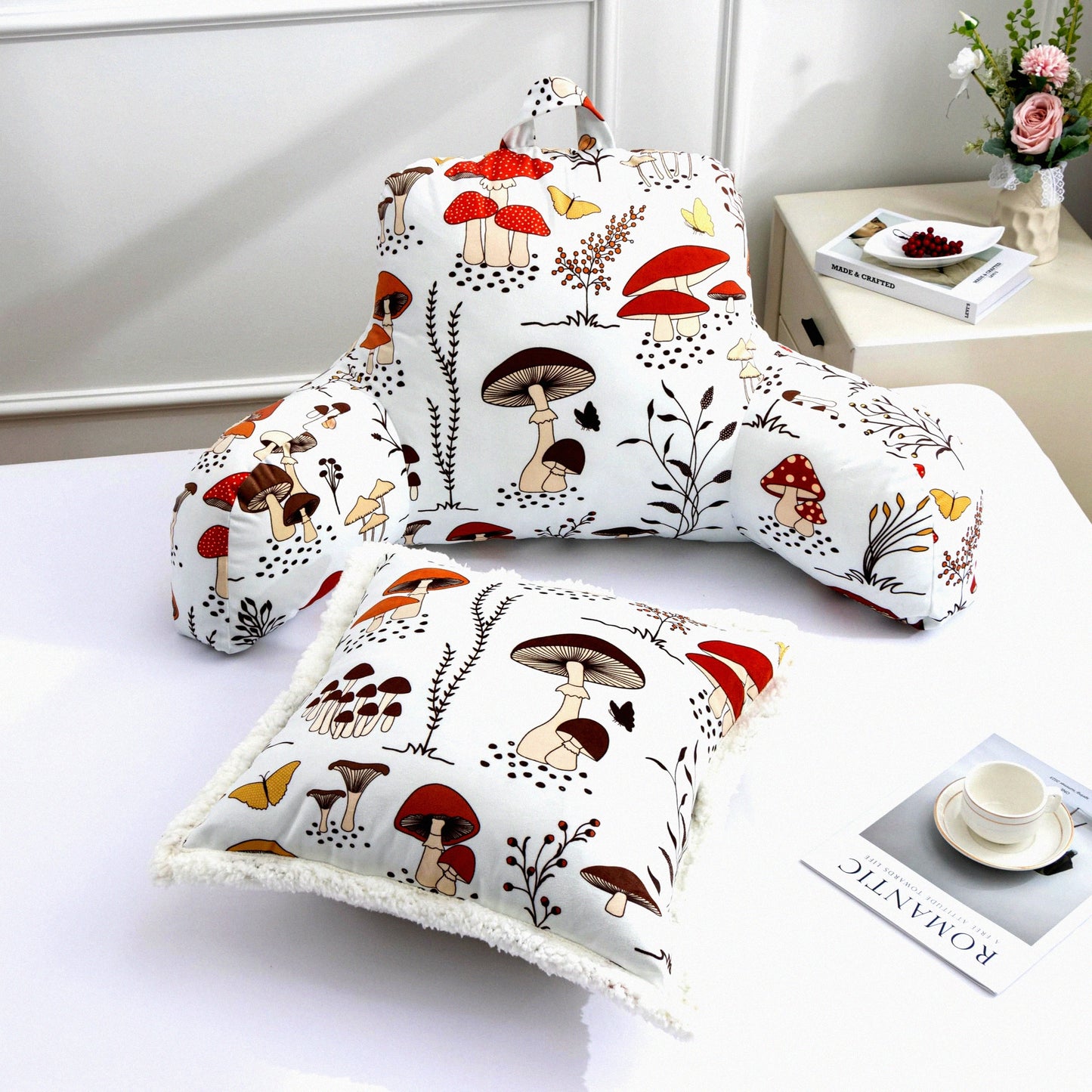 Cozy Kids Mushroom Backrest Pillow - Comfy Reading & TV Watching Support for Bed or Couch, Includes Matching Cushion Cover - Lounge in Style!