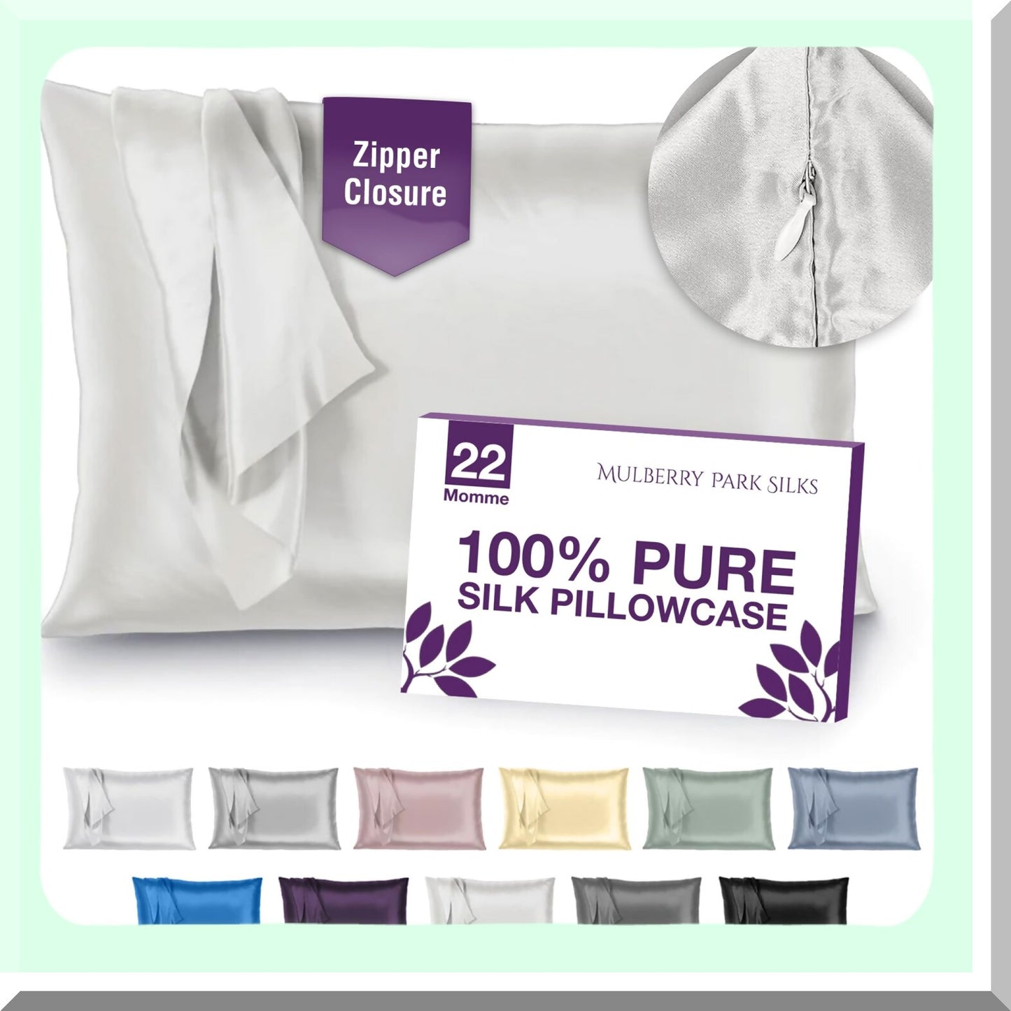 LuxurySilk Ivory Queen Pillowcase - 100% Mulberry Silk, 22 Momme, Grade 6A, Hidden Zipper Closure, Hypoallergenic, Smooth & Soft, 20" x 30"