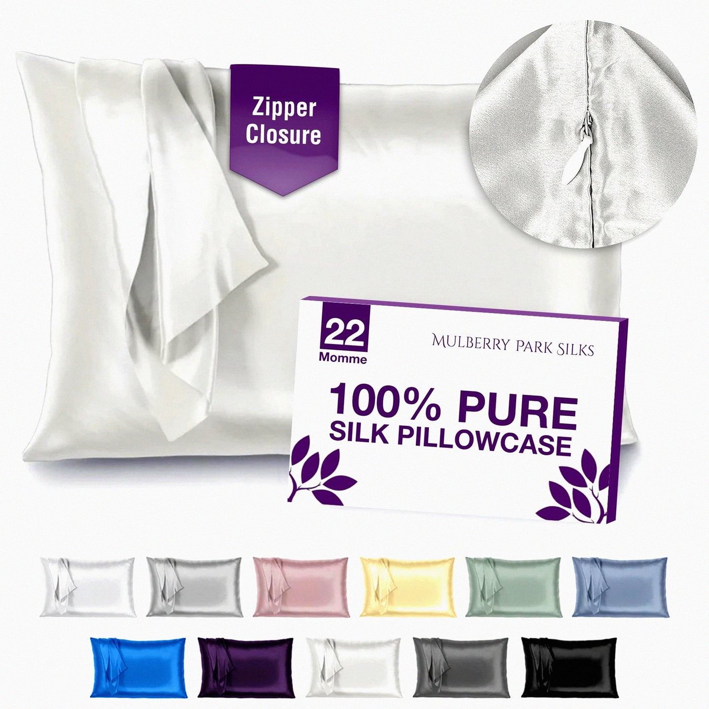 LuxurySilk Ivory Queen Pillowcase - 100% Mulberry Silk, 22 Momme, Grade 6A, Hidden Zipper Closure, Hypoallergenic, Smooth & Soft, 20" x 30"