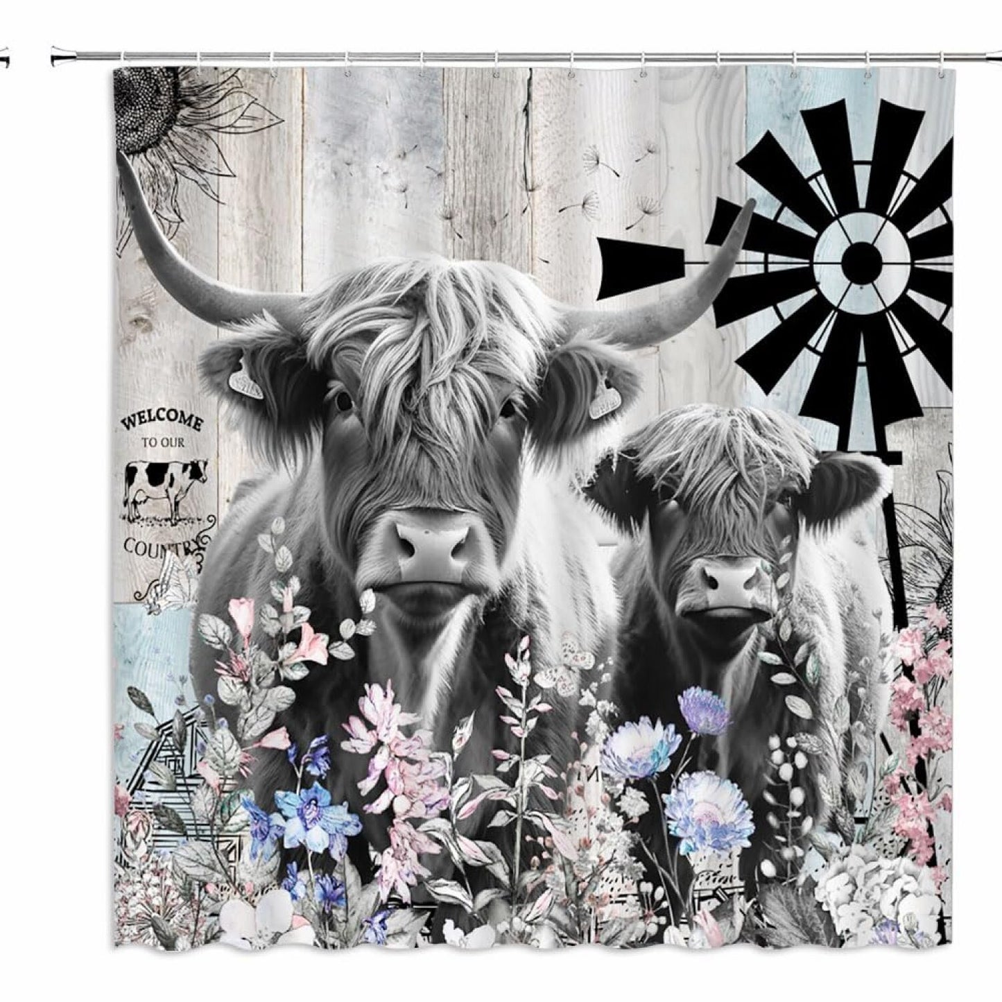 Farmhouse Cow Shower Curtain 70x70 Inch Grey