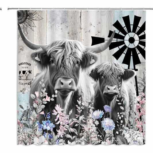 Farmhouse Cow Shower Curtain 70x70 Inch Grey