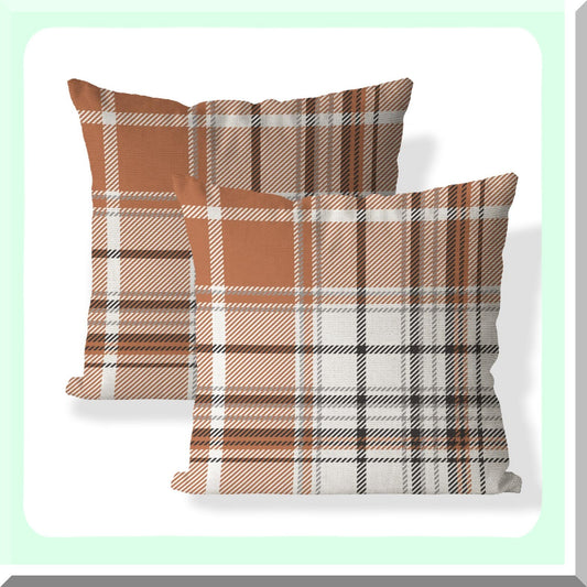Autumn Harvest Plaid Pillow Covers - Set of 2 18x18 Inch Decorative Throw Cases in Orange Grey Linen - Farmhouse Thanksgiving Home Decor