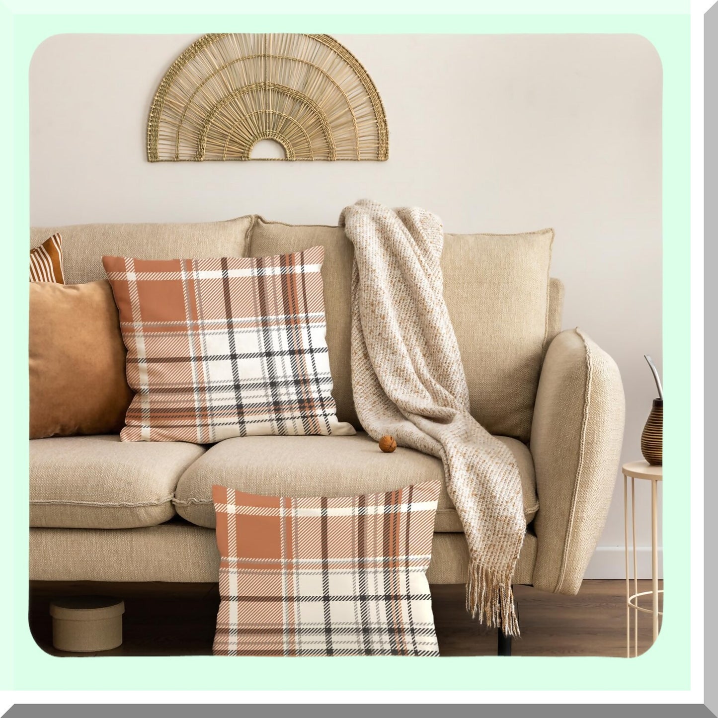 Autumn Harvest Plaid Pillow Covers - Set of 2 18x18 Inch Decorative Throw Cases in Orange Grey Linen - Farmhouse Thanksgiving Home Decor