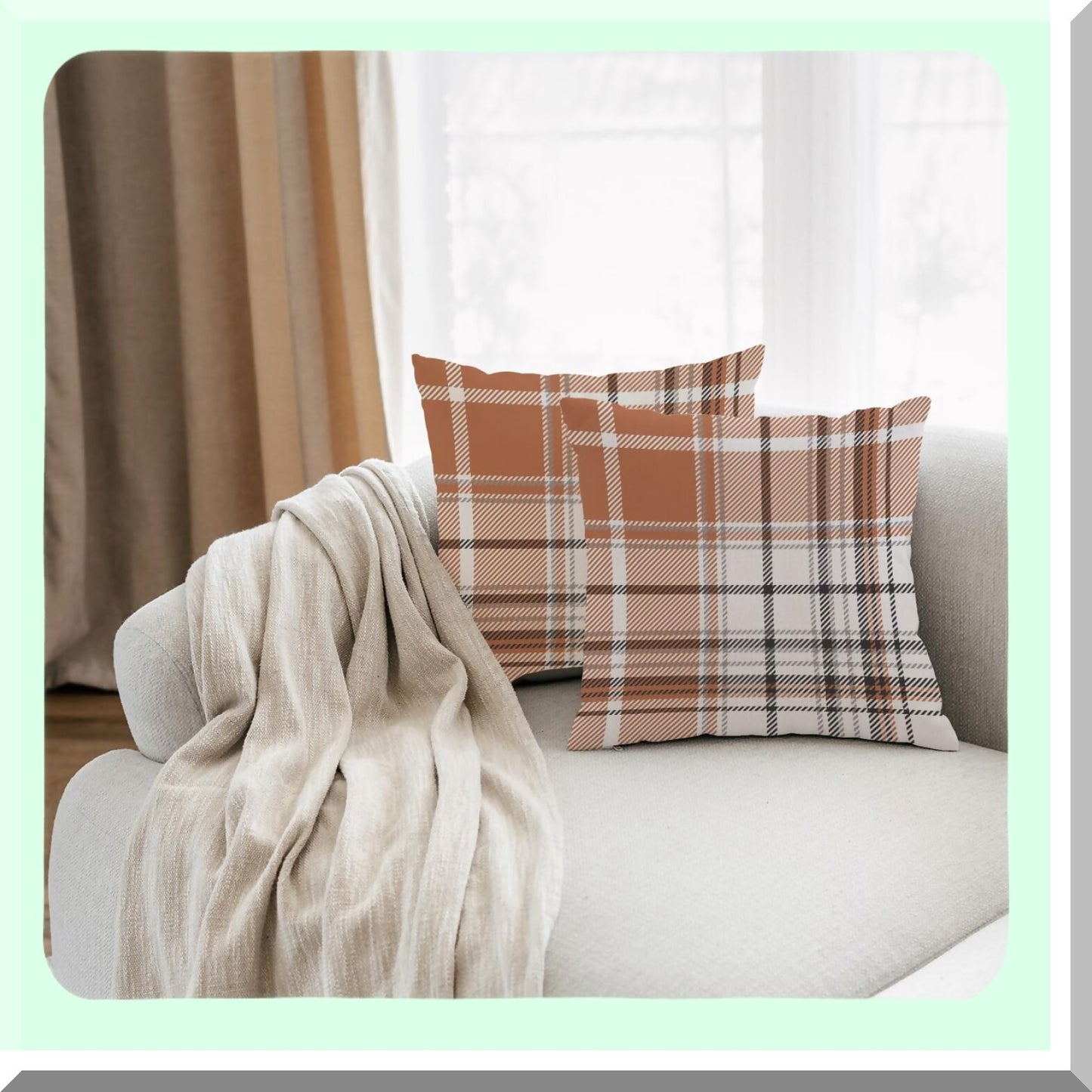 Autumn Harvest Plaid Pillow Covers - Set of 2 18x18 Inch Decorative Throw Cases in Orange Grey Linen - Farmhouse Thanksgiving Home Decor