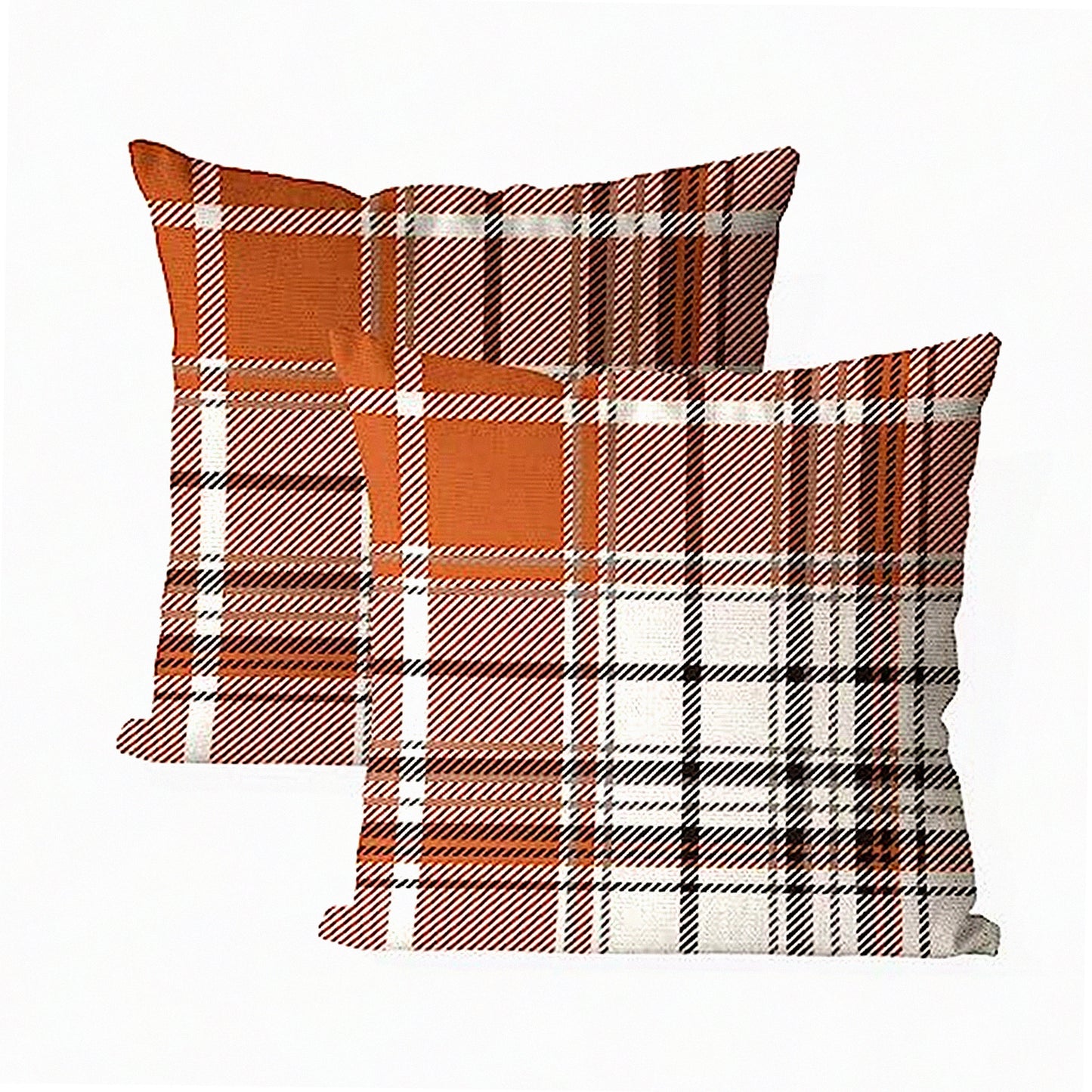 Autumn Harvest Plaid Pillow Covers - Set of 2 18x18 Inch Decorative Throw Cases in Orange Grey Linen - Farmhouse Thanksgiving Home Decor