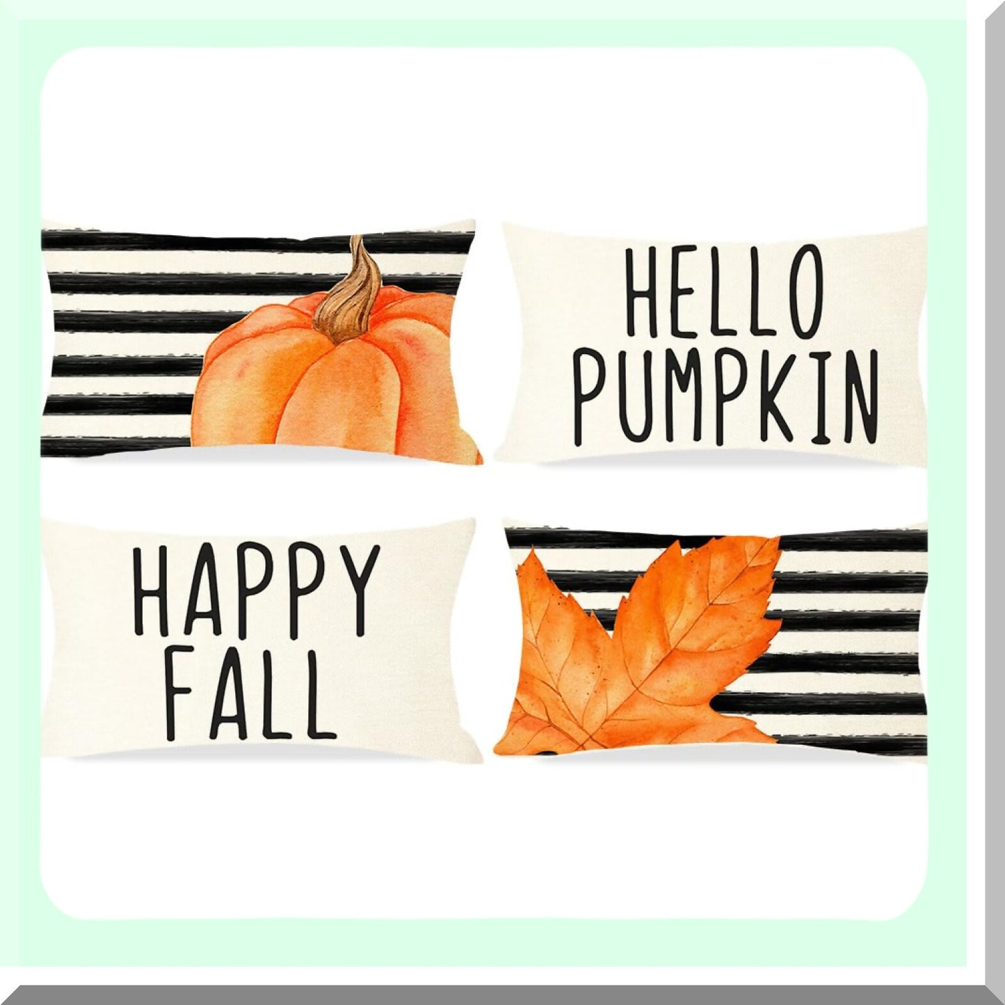 Fall Harvest Stripe Pillow Covers - Set of 4 | Hello Pumpkin Leaf Lumbar Pillows | Farmhouse Autumn Thanksgiving Decor | Couch Sofa Cushion Cases