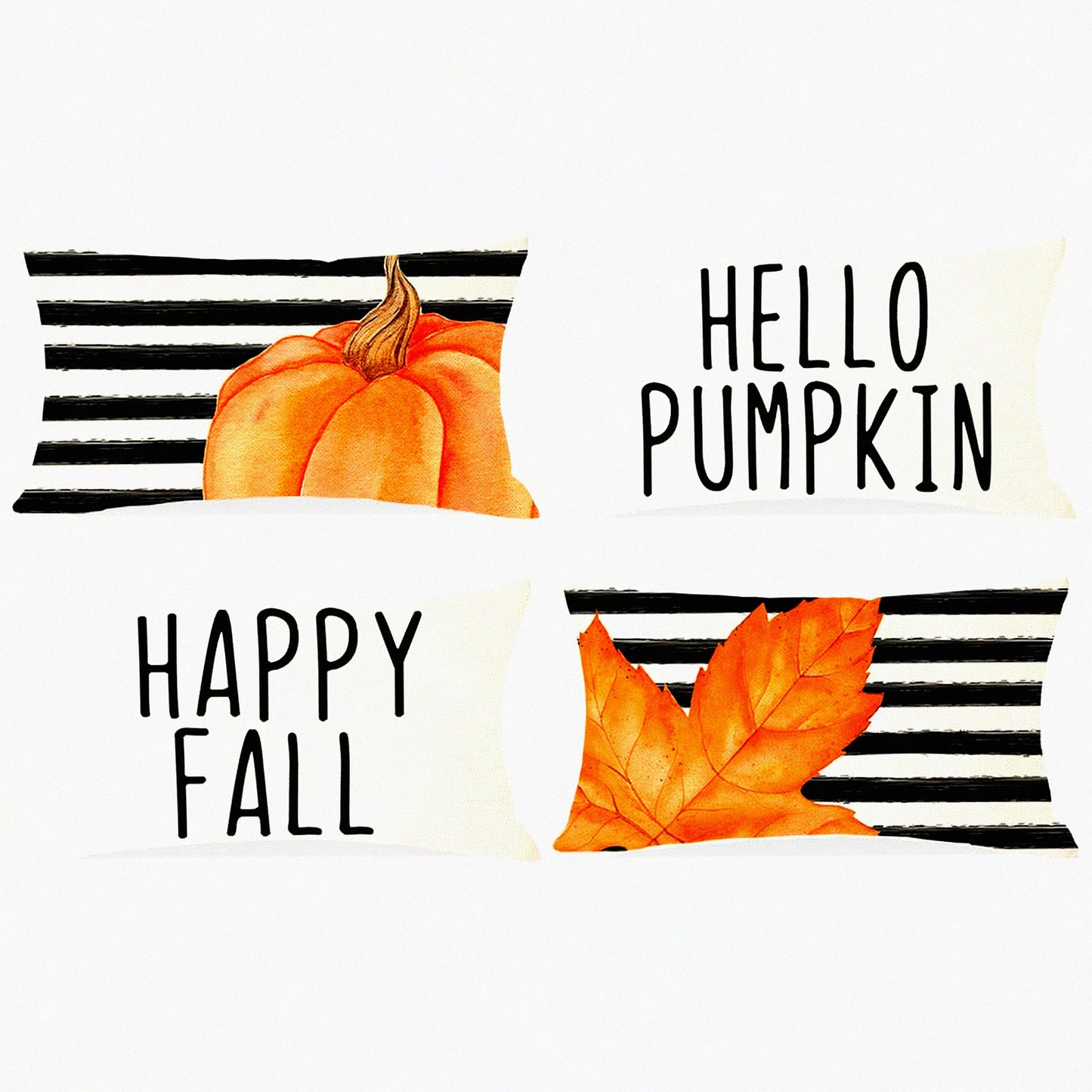 Fall Harvest Stripe Pillow Covers - Set of 4 | Hello Pumpkin Leaf Lumbar Pillows | Farmhouse Autumn Thanksgiving Decor | Couch Sofa Cushion Cases