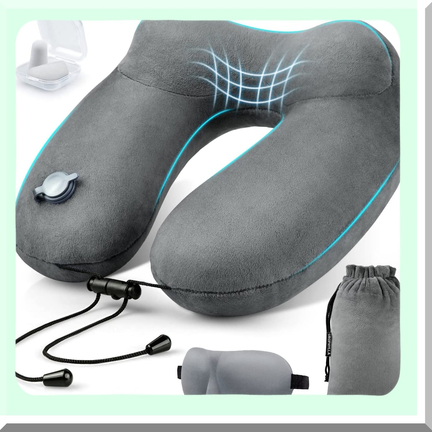 Velvet AirRest Inflatable Neck Pillow - 3D Contoured Support for Traveling, Trains, Cars - Blow Up Travel Pillow for Airplane - Large Grey Comfort Cushion