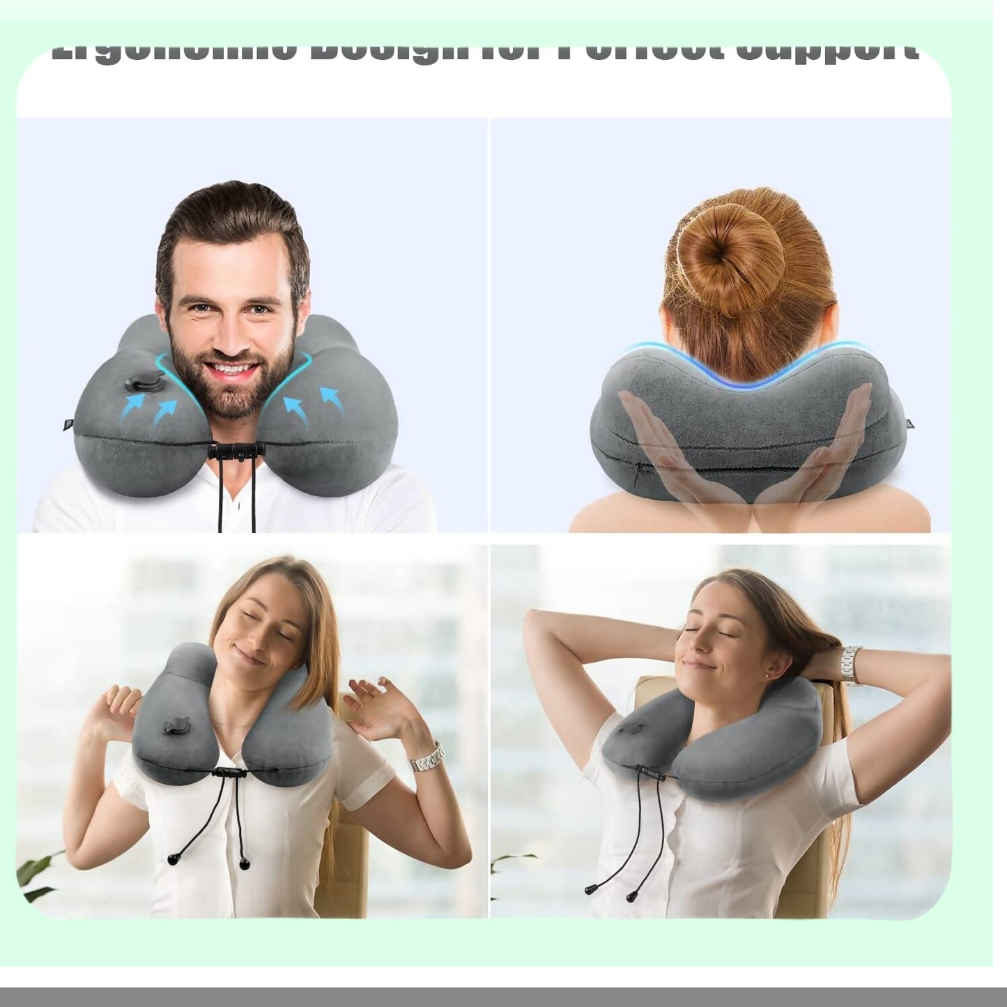 Velvet AirRest Inflatable Neck Pillow - 3D Contoured Support for Traveling, Trains, Cars - Blow Up Travel Pillow for Airplane - Large Grey Comfort Cushion