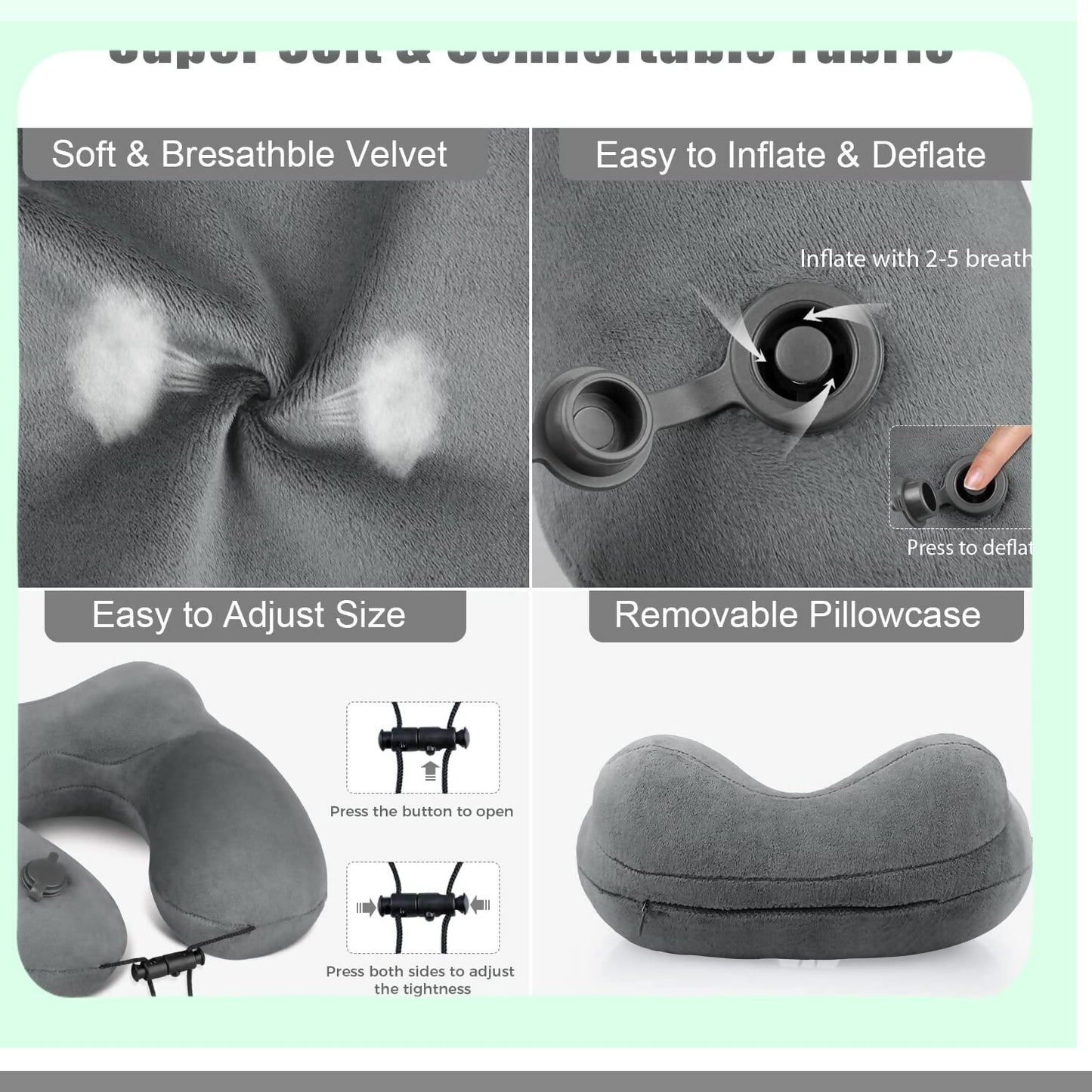 Velvet AirRest Inflatable Neck Pillow - 3D Contoured Support for Traveling, Trains, Cars - Blow Up Travel Pillow for Airplane - Large Grey Comfort Cushion