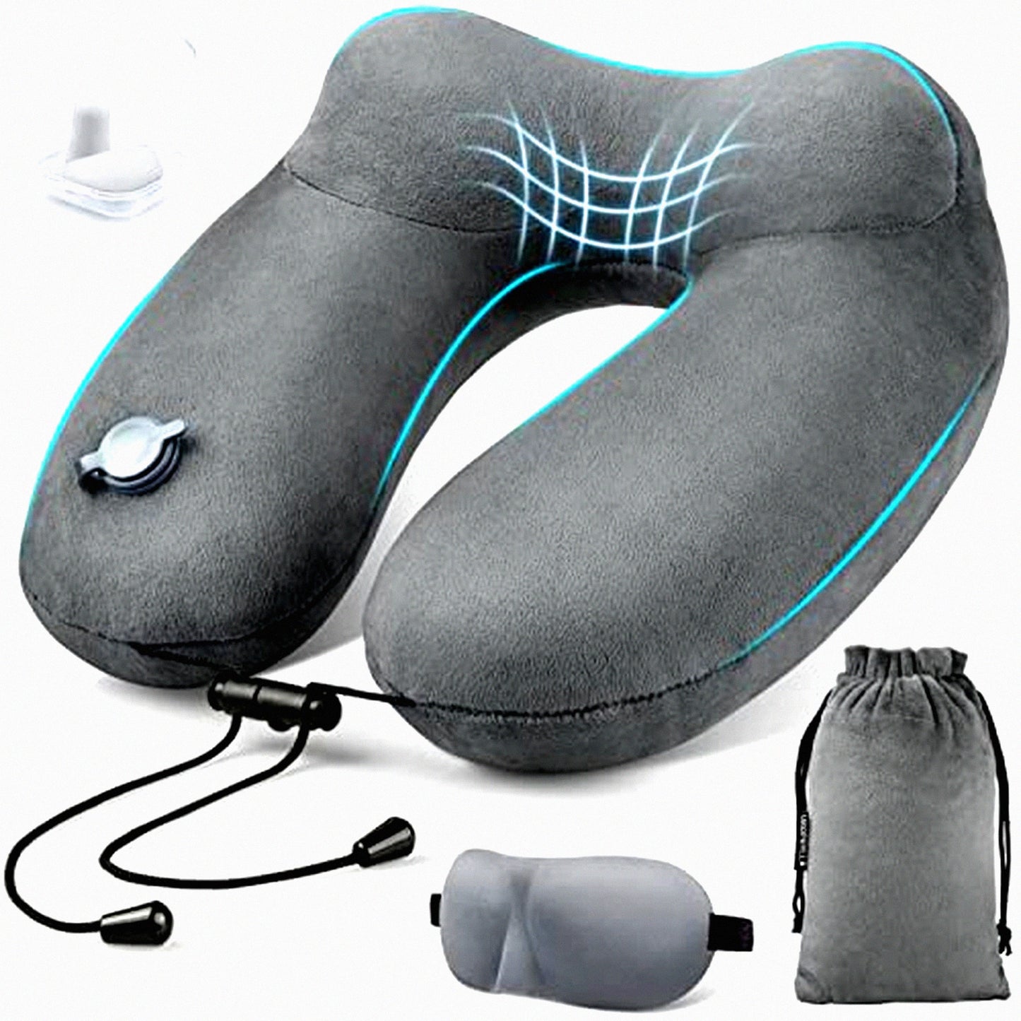Velvet AirRest Inflatable Neck Pillow - 3D Contoured Support for Traveling, Trains, Cars - Blow Up Travel Pillow for Airplane - Large Grey Comfort Cushion