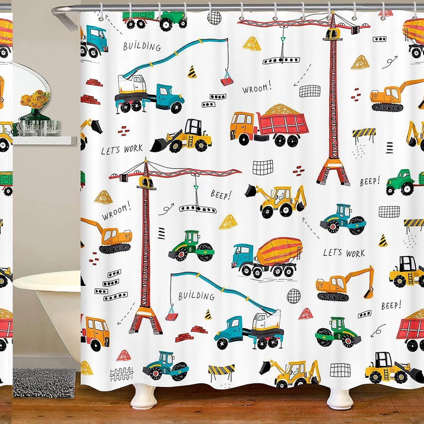 Kid Excavator Construction Vehicle Shower Curtain 72" x 84"