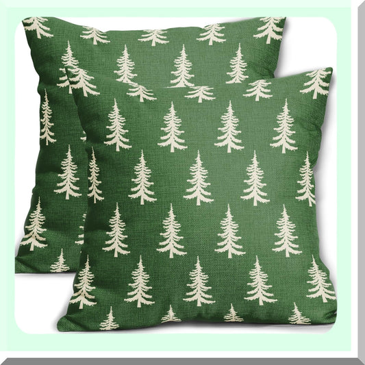 Winter Wonderland Pillow Covers - Set of 2 Green Xmas Tree Rustic Style Decorative Outdoor Pillowcases. Farmhouse Vintage Holiday Decorations for Couch, Sofa, Bed.