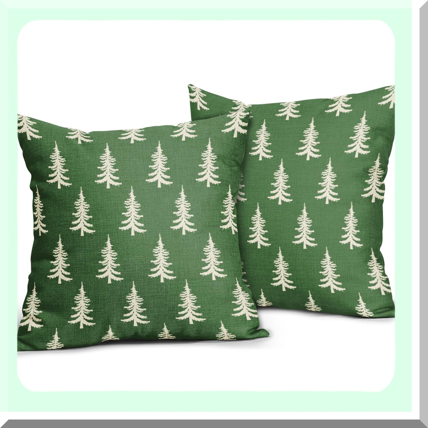 Winter Wonderland Pillow Covers - Set of 2 Green Xmas Tree Rustic Style Decorative Outdoor Pillowcases. Farmhouse Vintage Holiday Decorations for Couch, Sofa, Bed.