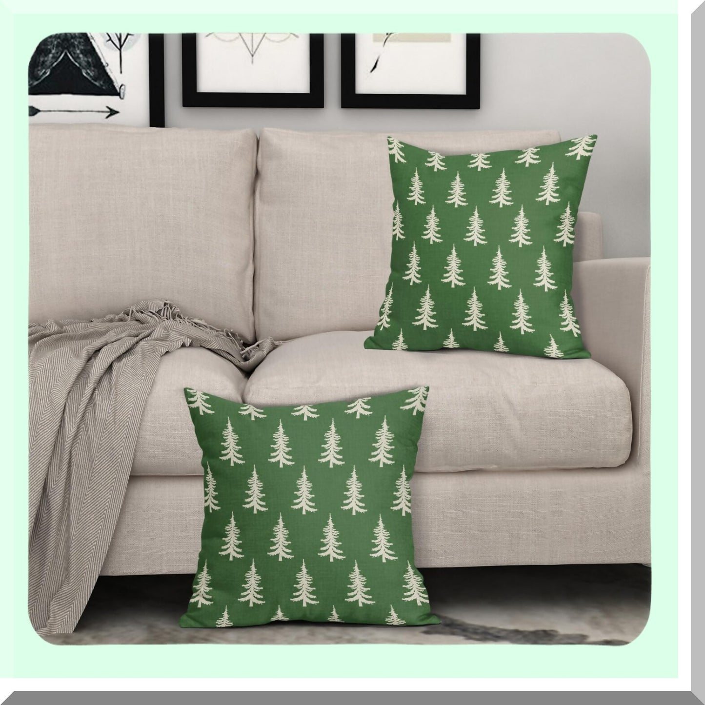 Winter Wonderland Pillow Covers - Set of 2 Green Xmas Tree Rustic Style Decorative Outdoor Pillowcases. Farmhouse Vintage Holiday Decorations for Couch, Sofa, Bed.