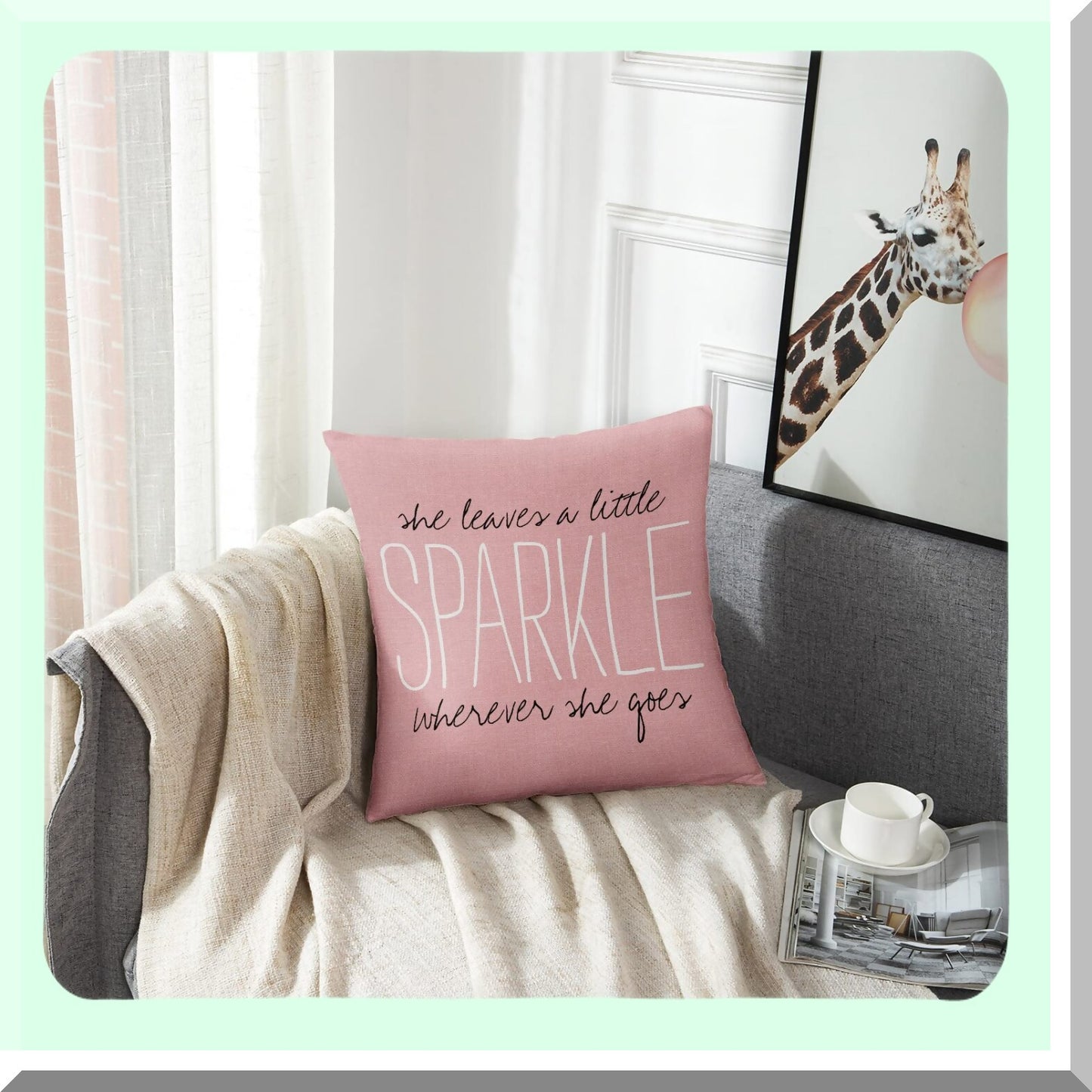 Sparkle Blush Monogram Pillowcase - Cute Burlap Decorative Cover for Home Decor, Square 16x16 Inch Throw Pillow Case