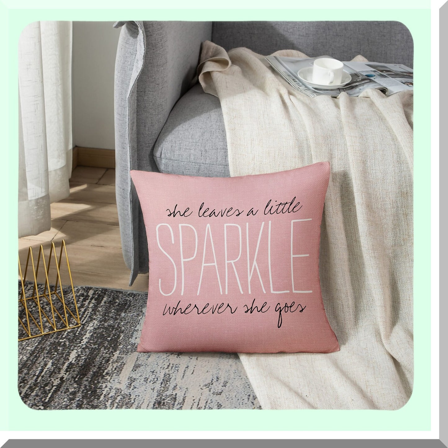 Sparkle Blush Monogram Pillowcase - Cute Burlap Decorative Cover for Home Decor, Square 16x16 Inch Throw Pillow Case