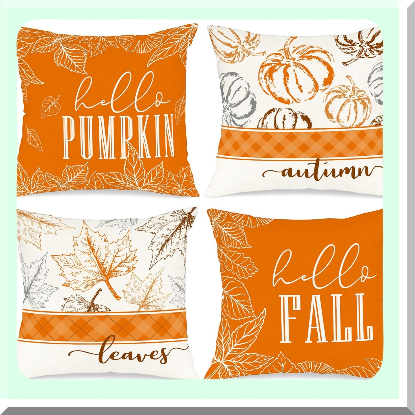 Autumn Harvest Pillow Cover Set - Hello Pumpkin Decorative Fall Cushion Covers for Thanksgiving - 18x18 Holiday Sofa Decor in Orange