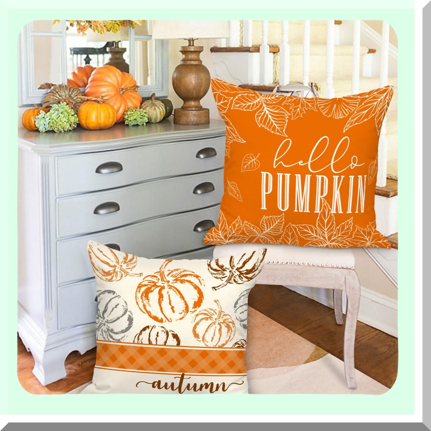Autumn Harvest Pillow Cover Set - Hello Pumpkin Decorative Fall Cushion Covers for Thanksgiving - 18x18 Holiday Sofa Decor in Orange
