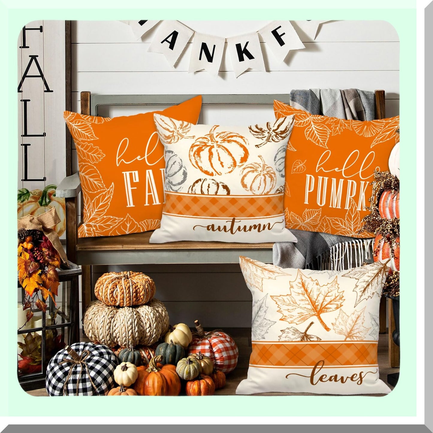 Autumn Harvest Pillow Cover Set - Hello Pumpkin Decorative Fall Cushion Covers for Thanksgiving - 18x18 Holiday Sofa Decor in Orange