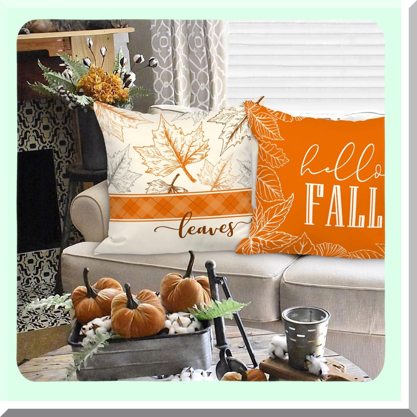 Autumn Harvest Pillow Cover Set - Hello Pumpkin Decorative Fall Cushion Covers for Thanksgiving - 18x18 Holiday Sofa Decor in Orange