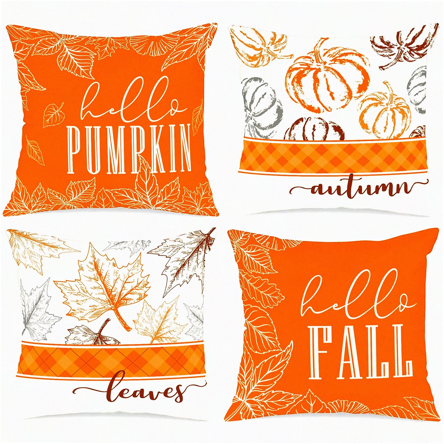 Autumn Harvest Pillow Cover Set - Hello Pumpkin Decorative Fall Cushion Covers for Thanksgiving - 18x18 Holiday Sofa Decor in Orange
