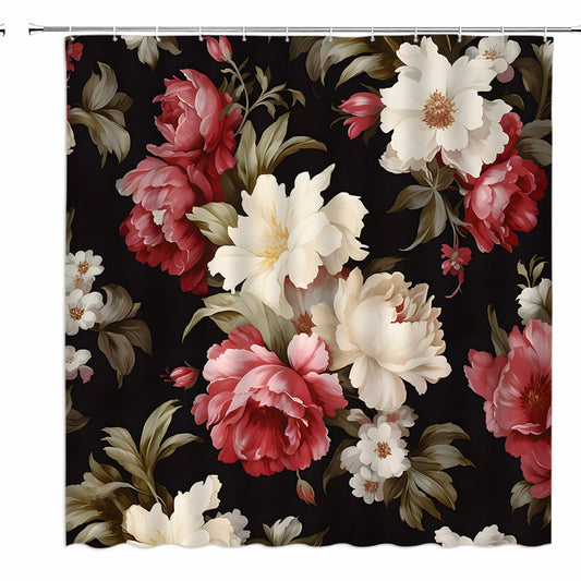 Black Floral Shower Curtain 70" x 70" with Hooks