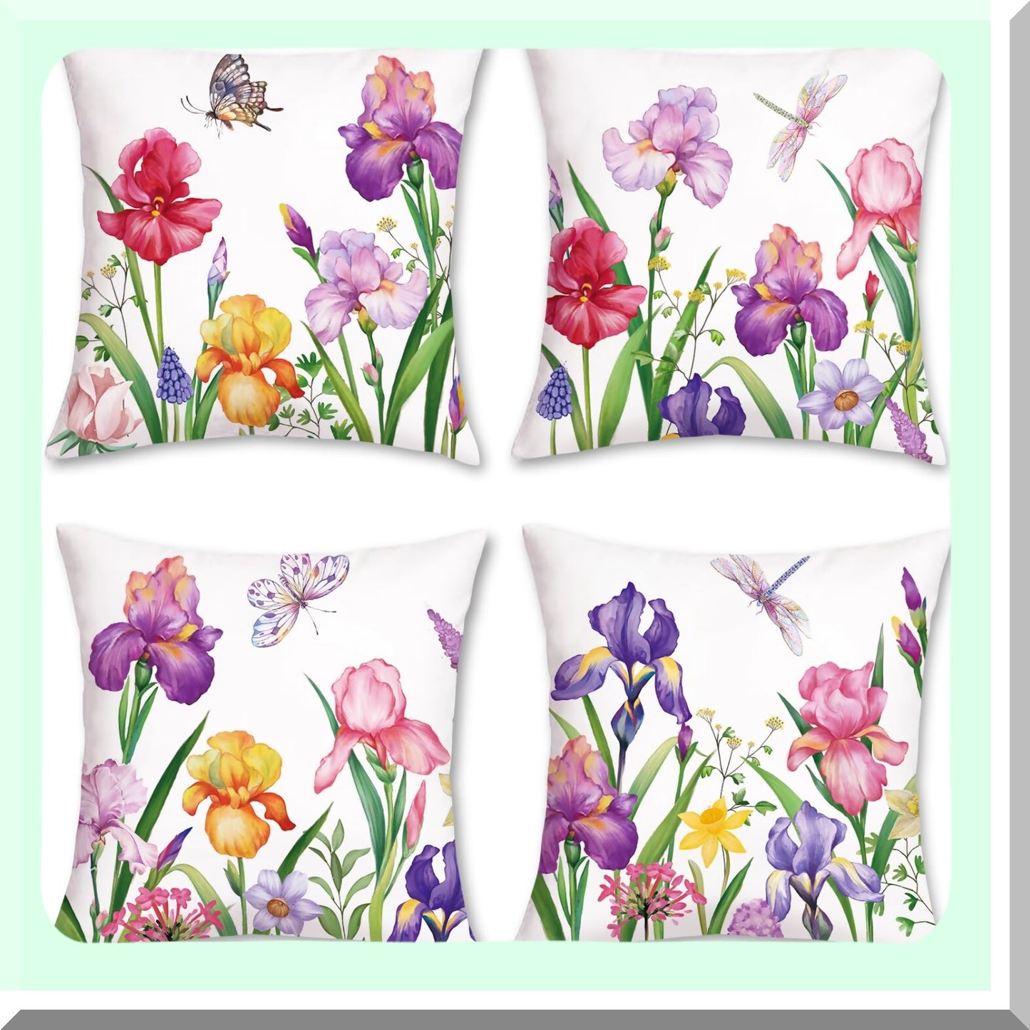 Floral Bliss Velvet Pillow Covers - Set of 4 | Spring Narcissus Iris Flower Decorative Cushion Cases 18x18 Inch | Outdoor Sofa Garden Couch Home Decor