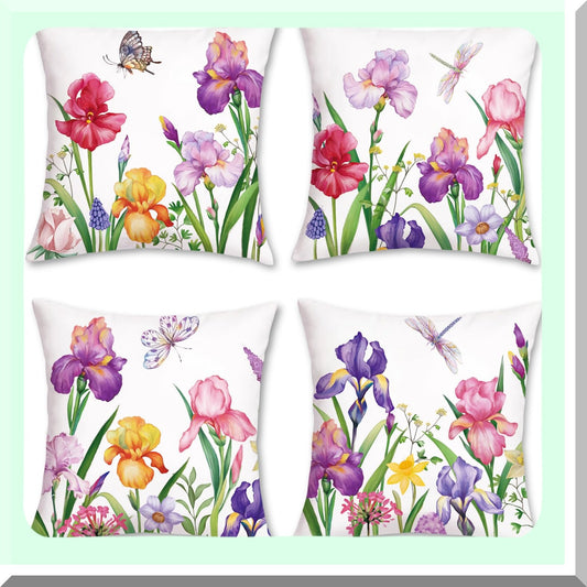 Floral Bliss Velvet Pillow Covers - Set of 4 | Spring Narcissus Iris Flower Decorative Cushion Cases 18x18 Inch | Outdoor Sofa Garden Couch Home Decor