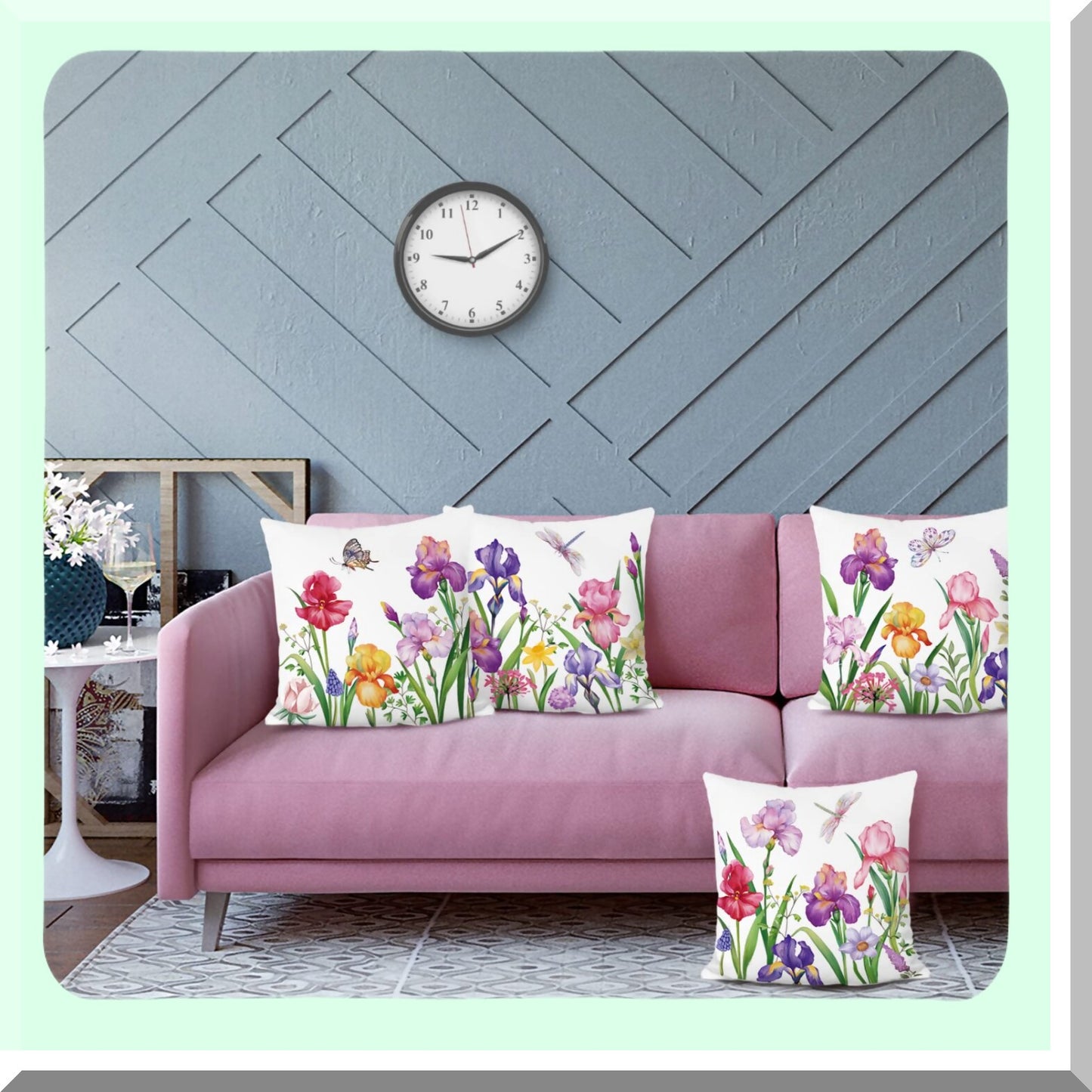 Floral Bliss Velvet Pillow Covers - Set of 4 | Spring Narcissus Iris Flower Decorative Cushion Cases 18x18 Inch | Outdoor Sofa Garden Couch Home Decor