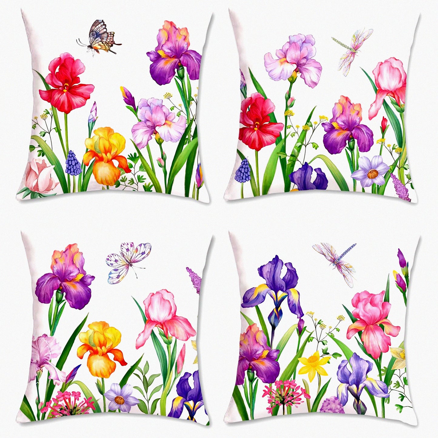 Floral Bliss Velvet Pillow Covers - Set of 4 | Spring Narcissus Iris Flower Decorative Cushion Cases 18x18 Inch | Outdoor Sofa Garden Couch Home Decor