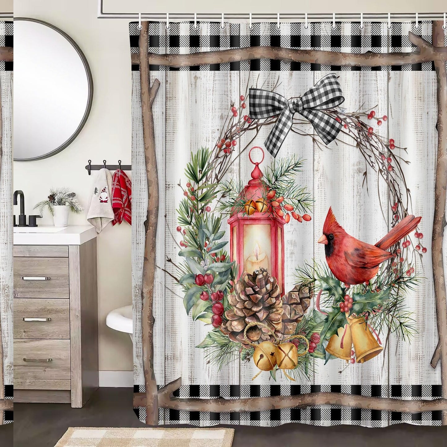 Farmhouse Shower Curtain Cardinal Pine Wreath 72x72in