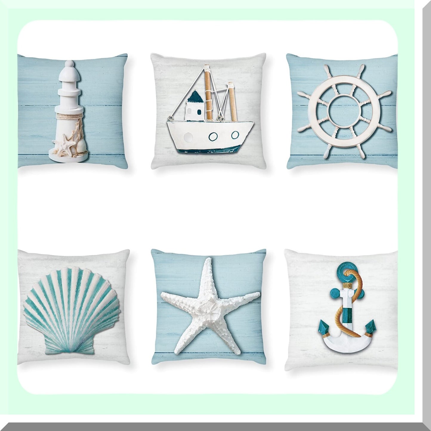 Nautical Summer Sea Theme Pillow Covers - Starfish Lighthouse Sailboat Anchor Sea Shell Coastal Cushion Cases for Home Bed Decoration - Set of 6