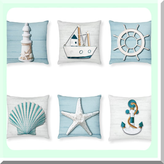 Nautical Summer Sea Theme Pillow Covers - Starfish Lighthouse Sailboat Anchor Sea Shell Coastal Cushion Cases for Home Bed Decoration - Set of 6