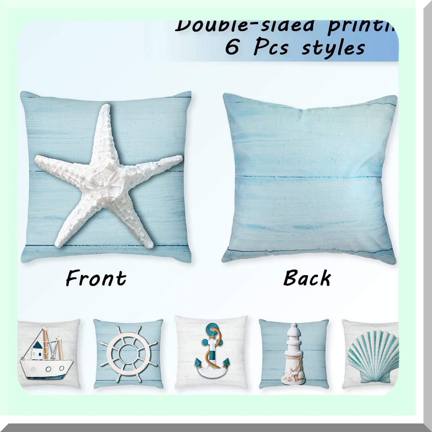 Nautical Summer Sea Theme Pillow Covers - Starfish Lighthouse Sailboat Anchor Sea Shell Coastal Cushion Cases for Home Bed Decoration - Set of 6