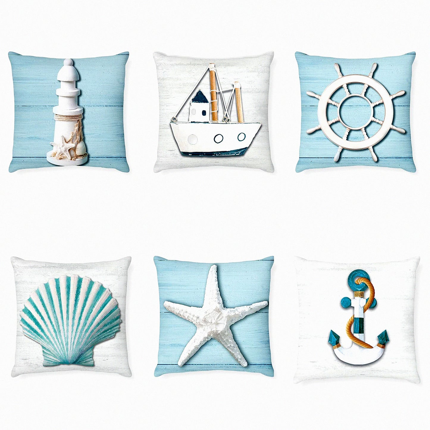 Nautical Summer Sea Theme Pillow Covers - Starfish Lighthouse Sailboat Anchor Sea Shell Coastal Cushion Cases for Home Bed Decoration - Set of 6
