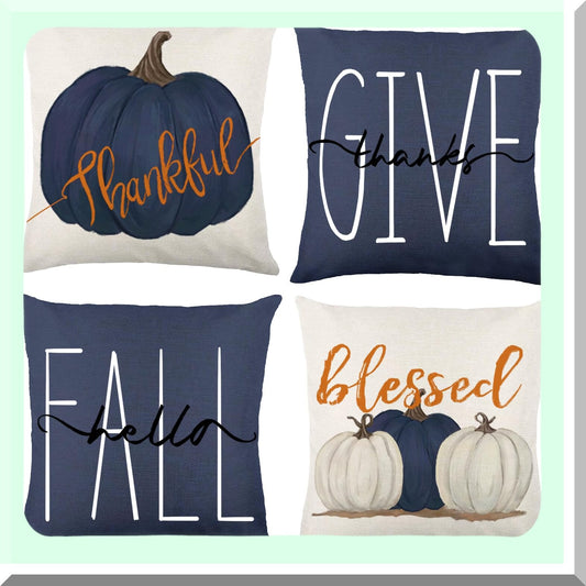 Blue Pumpkin Harvest Pillow Covers - 20x20 Inch Farmhouse Autumn Cushion Case for Thanksgiving Decor - Indoor Home Sofa Bedroom Throw Pillows