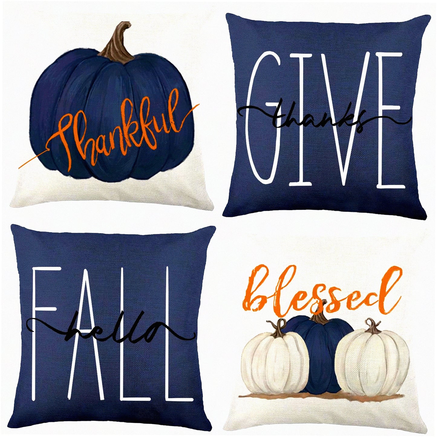 Blue Pumpkin Harvest Pillow Covers - 20x20 Inch Farmhouse Autumn Cushion Case for Thanksgiving Decor - Indoor Home Sofa Bedroom Throw Pillows