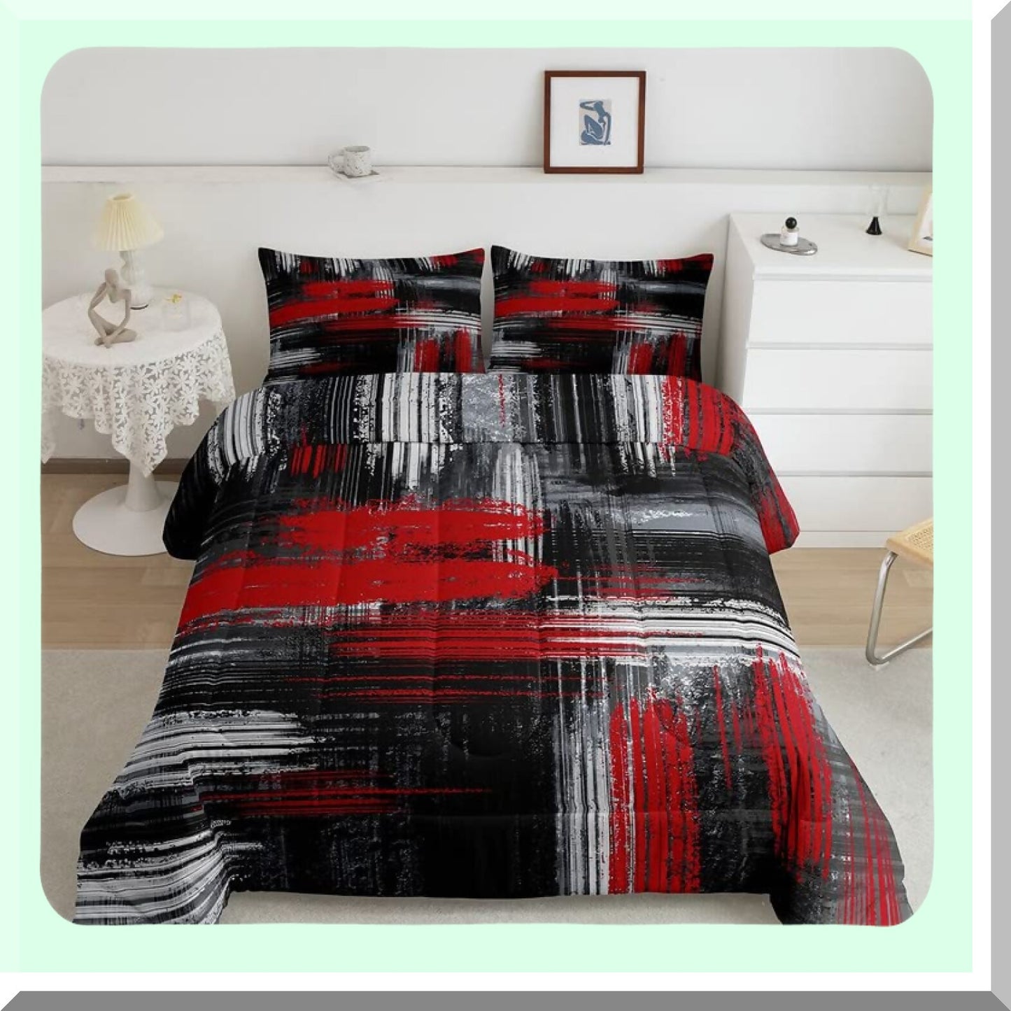 Geometric Graffiti Comforter Set - Abstract Art Duvet & Quilt - Modern Brush Design Bedding - Red Black Grey Room Decor - Contemporary Artistic Smear Size