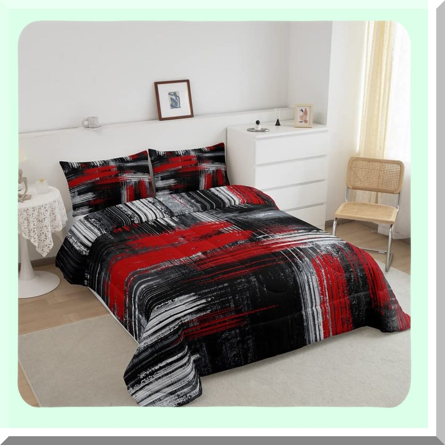 Geometric Graffiti Comforter Set - Abstract Art Duvet & Quilt - Modern Brush Design Bedding - Red Black Grey Room Decor - Contemporary Artistic Smear Size