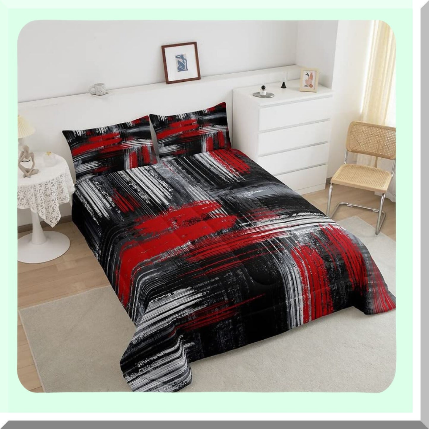 Geometric Graffiti Comforter Set - Abstract Art Duvet & Quilt - Modern Brush Design Bedding - Red Black Grey Room Decor - Contemporary Artistic Smear Size