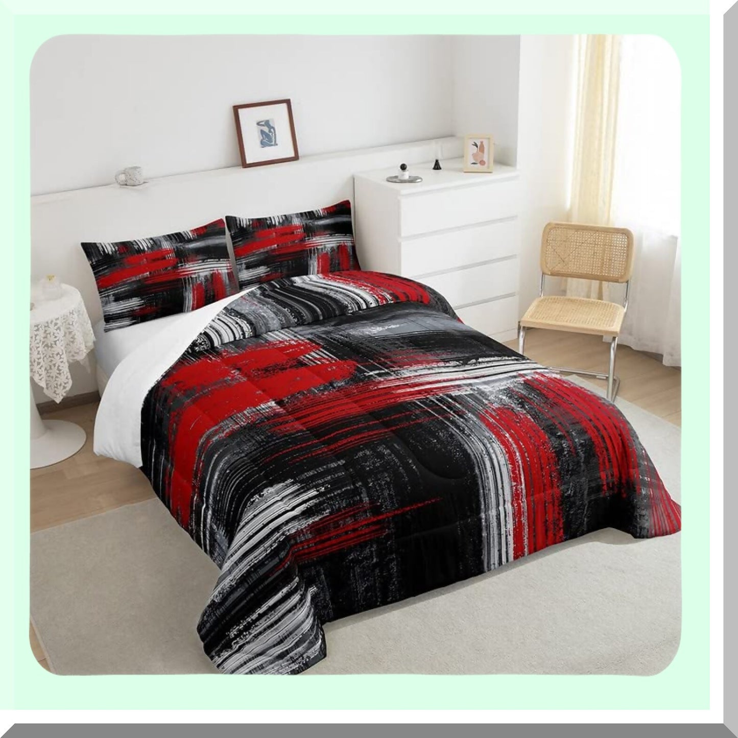 Geometric Graffiti Comforter Set - Abstract Art Duvet & Quilt - Modern Brush Design Bedding - Red Black Grey Room Decor - Contemporary Artistic Smear Size