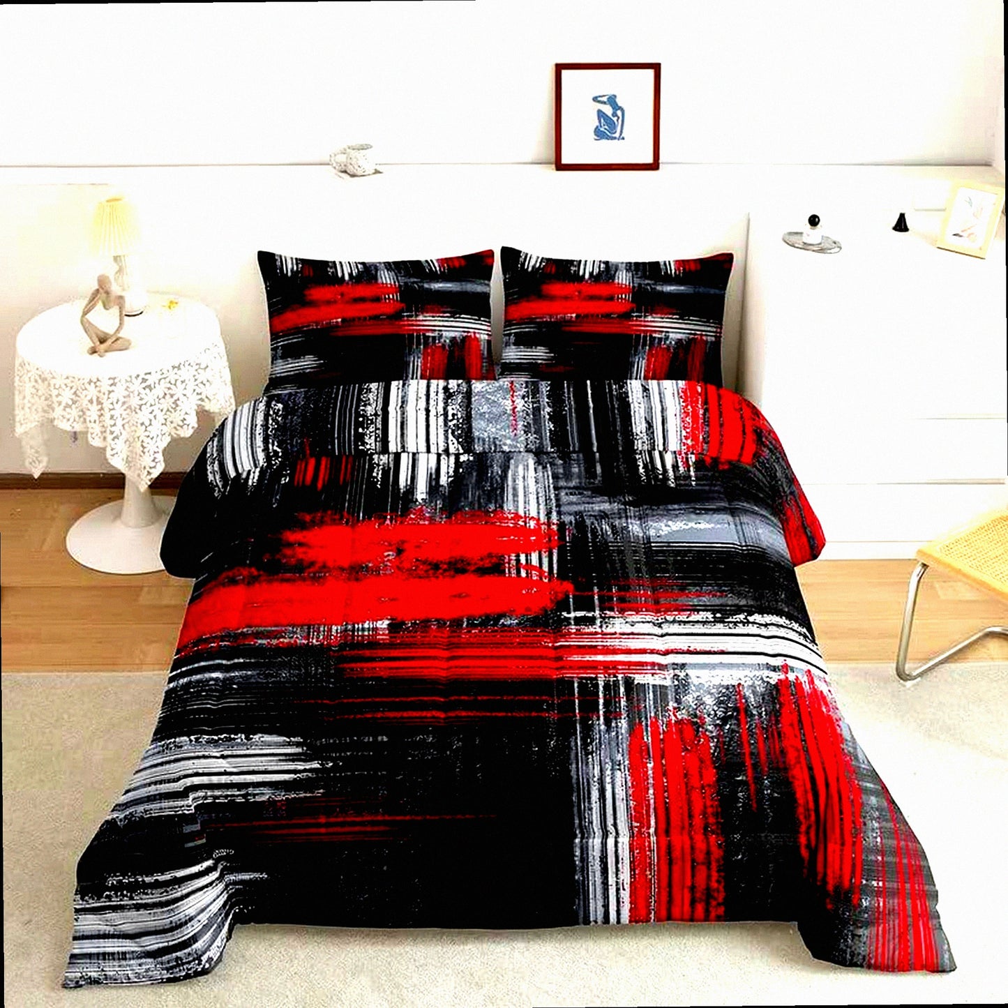 Geometric Graffiti Comforter Set - Abstract Art Duvet & Quilt - Modern Brush Design Bedding - Red Black Grey Room Decor - Contemporary Artistic Smear Size