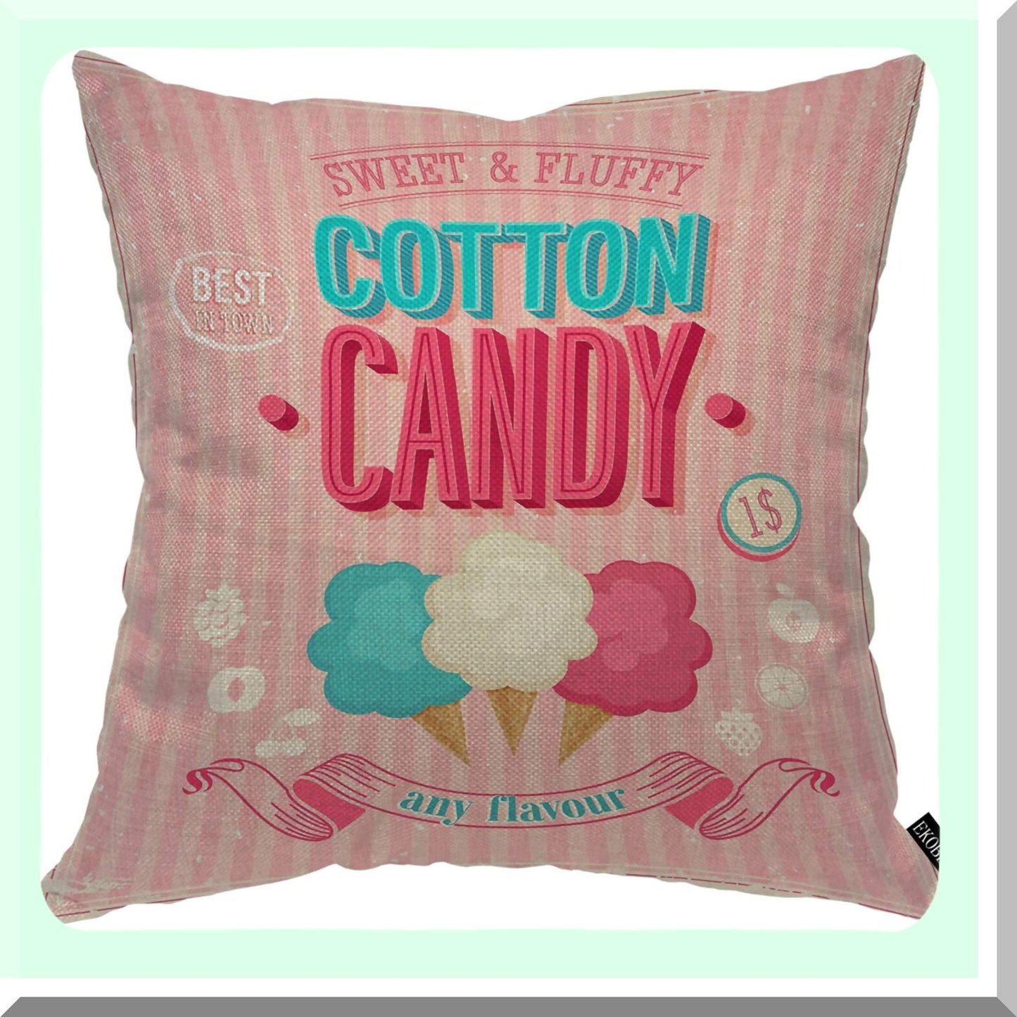 Sweet Treats Cotton Candy Throw Pillow Cover - Ice Cream Dessert Pink Cozy Square Cushion Case for Men Women Boys Girls Room Home Decor - Cotton Linen 18x18 Inch