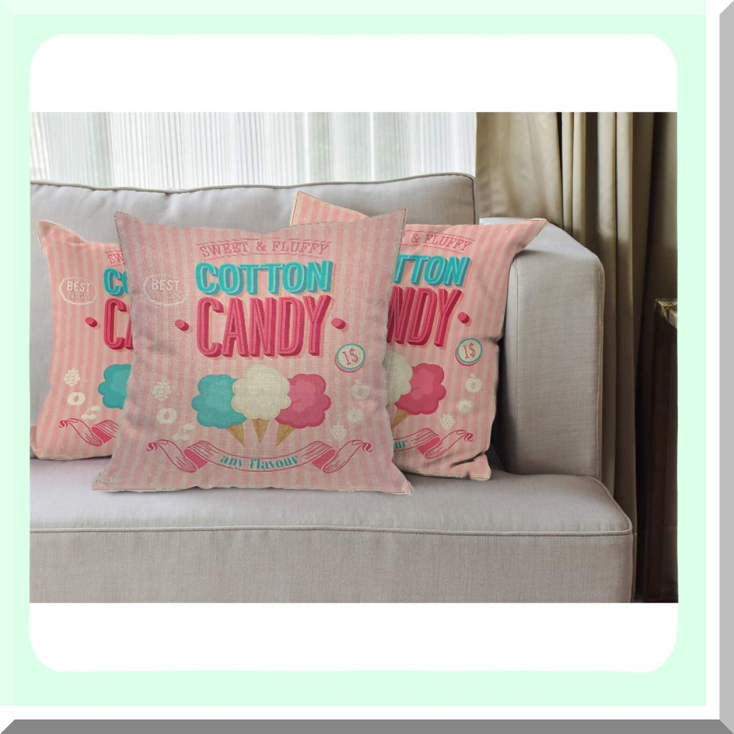 Sweet Treats Cotton Candy Throw Pillow Cover - Ice Cream Dessert Pink Cozy Square Cushion Case for Men Women Boys Girls Room Home Decor - Cotton Linen 18x18 Inch