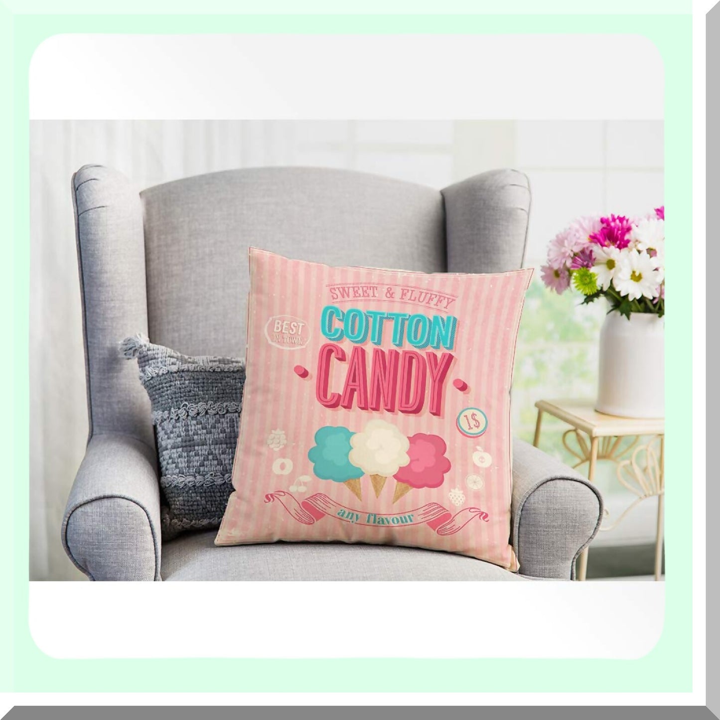 Sweet Treats Cotton Candy Throw Pillow Cover - Ice Cream Dessert Pink Cozy Square Cushion Case for Men Women Boys Girls Room Home Decor - Cotton Linen 18x18 Inch